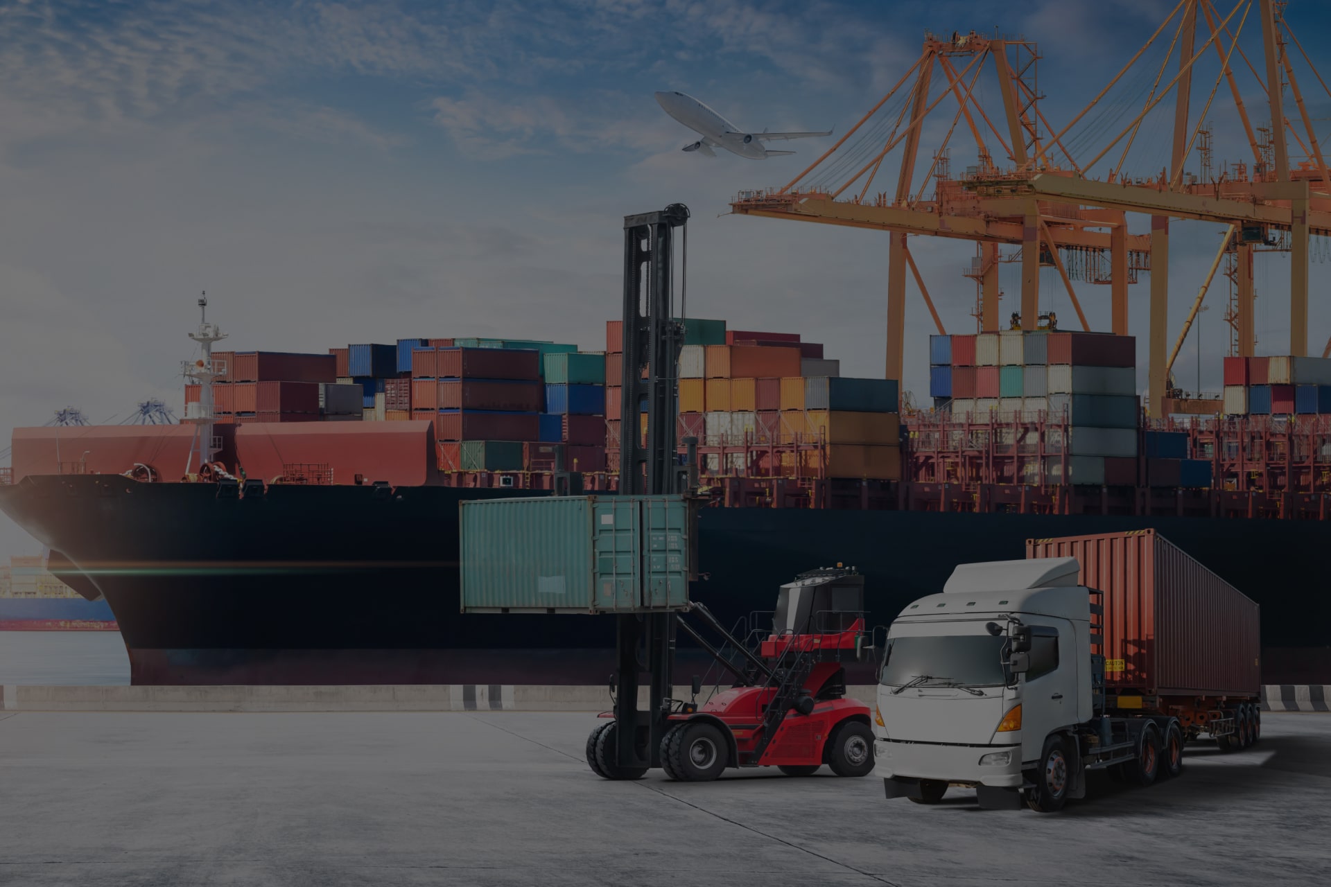 Cargo ship loaded with colorful shipping containers at a busy port, with a forklift moving a container and a truck parked nearby, under the watchful eye of towering cranes and an airplane flying overhead, symbolizing global trade and logistics.